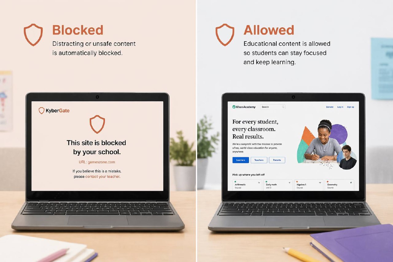 KyberGate web filter showing a blocked site vs an allowed site