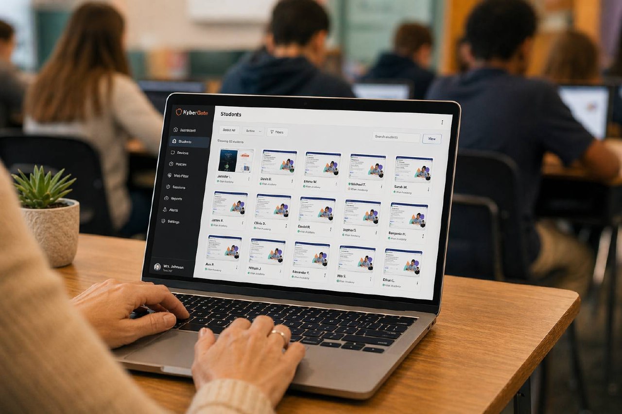 Teacher monitoring student screens with KyberClassroom